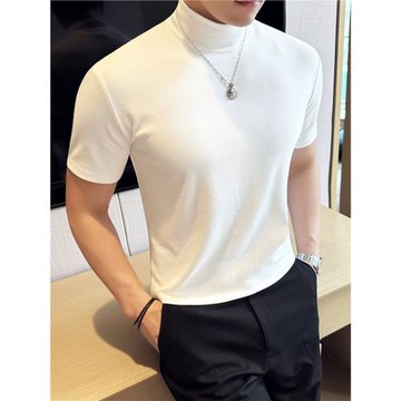 秋冬半高領短袖男士彈力T恤小高領長袖打底衫白色內搭中領彈力潮