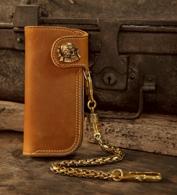 長錢包 鏈 黃銅 真皮棕色 貓頭鷹