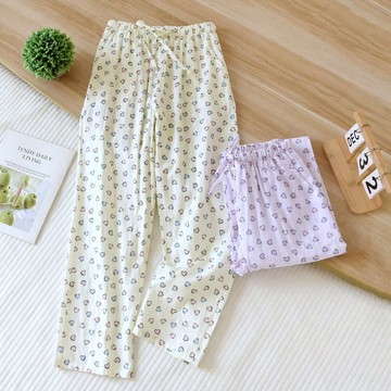 【現貨】睡褲女夏季薄款純棉雙層紗布春秋簡約愛心甜美寬鬆全棉家居褲長褲