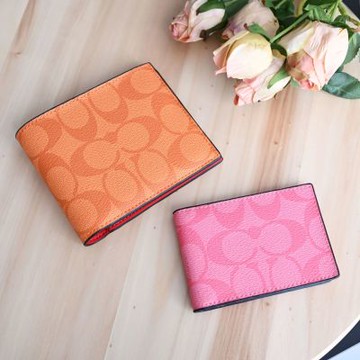 COACH 經典C字印花撞色款附活動夾短夾(橘紅/粉)