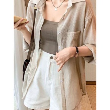 薄款微透天絲亞麻襯衫女夏季設計感休閑寬松罩衫外套棉麻防曬襯衣