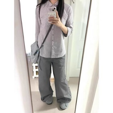 現貨 2026春季女收腰顯瘦七分袖上衣coyse*o娃娃領泡泡紗格紋襯衫