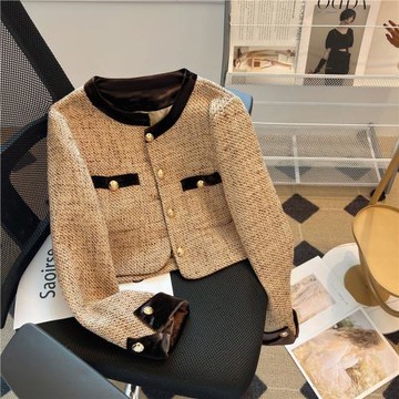 廣州十三行爆款撿漏~小香風撞色拼接絲絨領短款外套女秋冬小個子