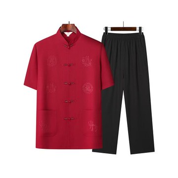 爸爸夏裝短袖唐裝中老年男休閑襯衫60歲70爺爺棉麻套裝老人薄衣服