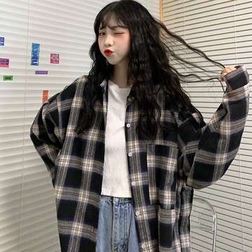 港風格子襯衣女秋薄款waitmore復古外套ins潮原宿風百搭寬松襯衫