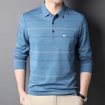 春秋季長袖t恤男帶領條紋男士打底小衫中年爸爸秋裝有口袋Polo衫