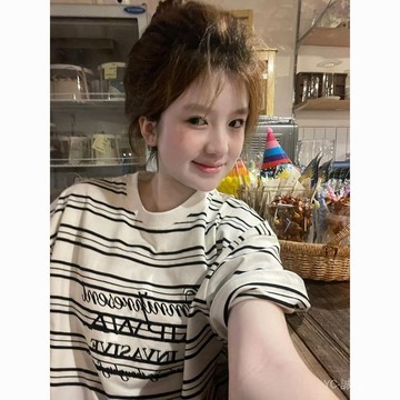 新品免運🎇MSAY美式複古黑白條紋T恤女夏字母刺繡情侶圓領短袖寬鬆上衣ins