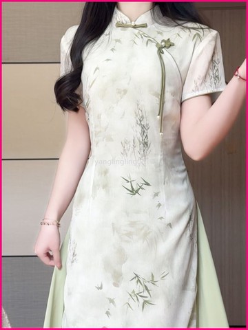 2025年春夏季新款唯美綠色素雅奧黛改良旗袍高級淑女範年輕新中式 FILQ
