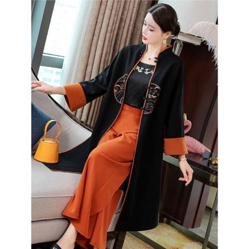 中國風套裝女2024年秋冬闊腿褲兩件套中式復古民族風唐裝風衣外套