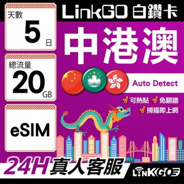 LINKGO白鑽卡 中港澳 eSIM卡 5天上網卡 總流量20GB 高速流量 免翻牆可熱點(中港澳網卡 中國 大陸 香港 澳門 虛擬卡)