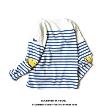 22AW KAPITAL 平田和宏 純棉寬松藍白條紋三旗長袖笑臉拼接打底衫