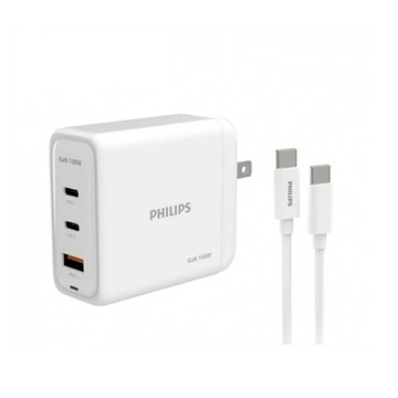 PHILIPS 100W GaN氮化鎵PD TypeC USB PD/QC 3孔+100W傳輸線 旅充組 /組 DLP6343C