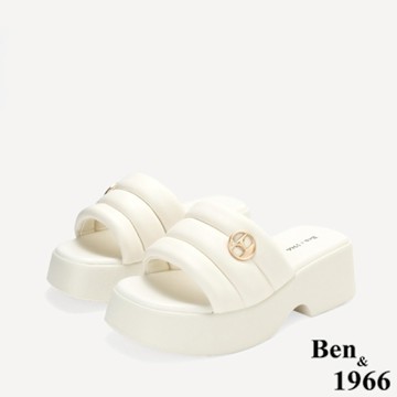 Ben&1966高級柔軟羊皮簡約厚底拖鞋-米白(256062)