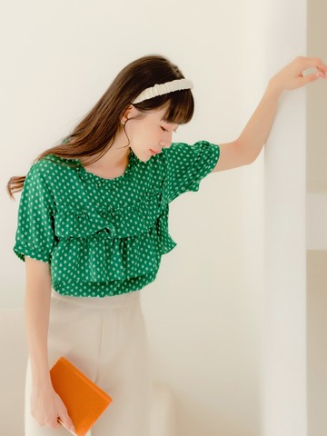 雪紡碎花層次荷葉拋袖上衣