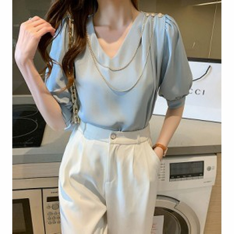 肩ボタン ゴールドチェーン 装飾 トップス レディース トップス とろみ シャツ ブラウス Vネック 襟なし くすみカラー 肩タック 半袖 袖 通販 Lineポイント最大1 0 Get Lineショッピング