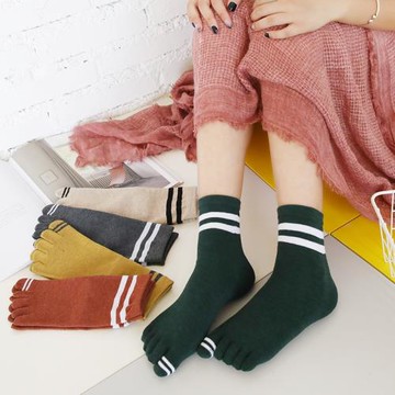 秋冬五指襪中長筒純棉襪子學院風條紋高幫保暖吸汗分趾5雙裝包郵