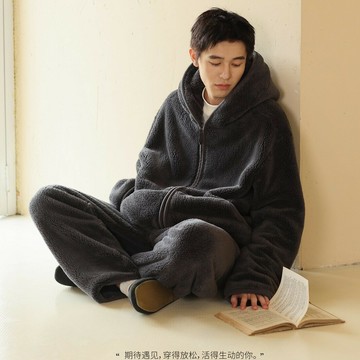 836新款男士睡衣冬季法蘭絨加絨加厚家居服保暖連帽拉鏈套裝大碼鑫弘-衣錦男裝