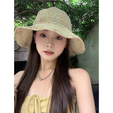 韓國ins彩虹編織漁夫帽女夏時尚度假草帽大帽檐沙灘防曬遮陽帽女