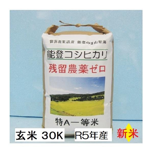 コシヒカリ 令和５年新米 玄米：残留農薬ゼロ(検査証明書付)  30k エコ栽培 能登里山の米