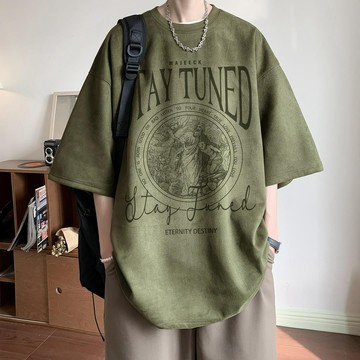 1號倉庫短袖T恤男 大碼上衣男士 夏季男生衣服 軍綠色仿麂皮絨300g重磅短袖t恤男夏季美式潮牌痞帥寬松五分半袖