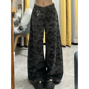 美式迷彩牛仔褲女高腰寬鬆辣妹直筒工裝闊腿褲子潮年春季新款 牛仔褲 韓版牛仔褲 長褲女 直筒長褲 美式牛仔褲 小個子