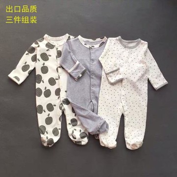 外貿原單寶寶包腳連體哈衣3件裝純棉A類新生嬰兒防抓臉睡衣連襪子