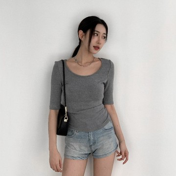 【Aa.chic】百搭U領彈棉五分袖上衣(五色).女裝/U領/彈性/五分袖/上衣/舒適/百搭/實拍【C126721】