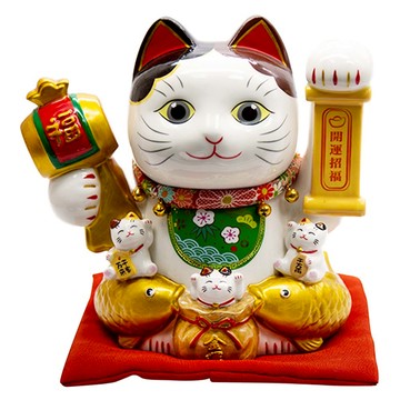 perfect理想 日本金運招財貓-中 招財納福 生意興隆 陶瓷擺飾  白色 + 金色 + 紅色