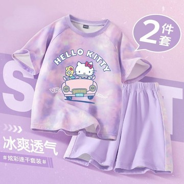 【臺灣-出貨🔥】Hello Kitty 女童休閒套裝 夏季中大童短袖短褲 可愛風格潮流童裝兩件組 中大童夏裝