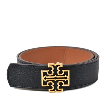 TORY BURCH 女款 縷空雙T荔枝紋雙面用寬版皮帶-黑/焦糖色-S