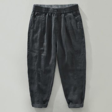 日系復古亞麻九分褲男夏季薄款麻布料休閑褲寬松直筒透氣棉麻褲子