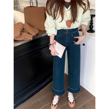 韓國藍高腰卷邊直筒牛仔褲女秋季復古寬松顯瘦休閑窄版九分闊腿褲