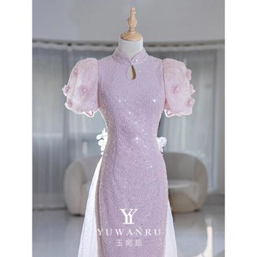 紫色魚尾晚禮服2025新款宴會高端輕奢小眾旗袍主持人禮服裙女藝考