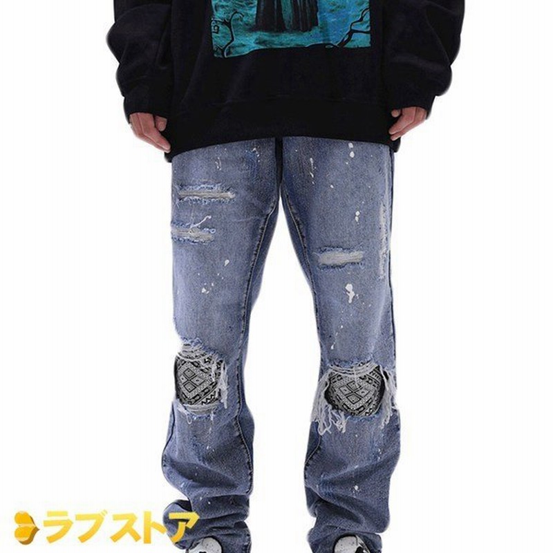 デニムパンツ メンズ ストリートファション クラッシュ ヒップホップ Rap ダメージジーンズ パッチ デザイン性 レゲエ V系 オシャレ 通販 Lineポイント最大0 5 Get Lineショッピング