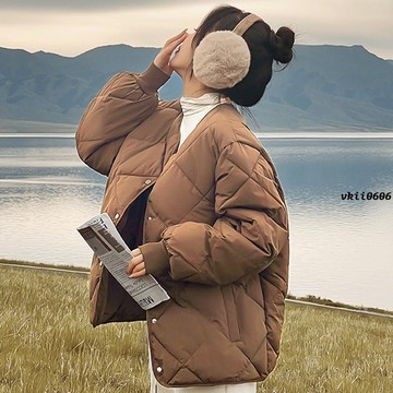 M-3XL 大尺碼外套 小香風外套 棉服 菱格ins無領小香風輕薄短款棉服女裝冬季棉衣外套 vk