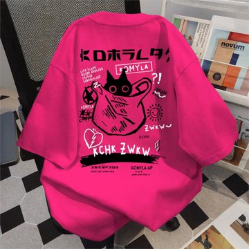 美式復古潮牌火龍果色短袖t恤男女士夏季休閑寬松情侶半袖上衣潮