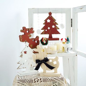 圣誕節裝飾品 做舊木頭麋鹿擺件 紅色圣誕樹桌面小鹿飾品輕奢軟裝