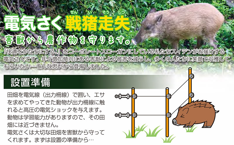 スイデン 電気柵セット 防雨型 小型 100m 2段張り部材セット 猪 小動物 害獣対策 4電源対応 電源は付属しません suiden SEF-102-4W