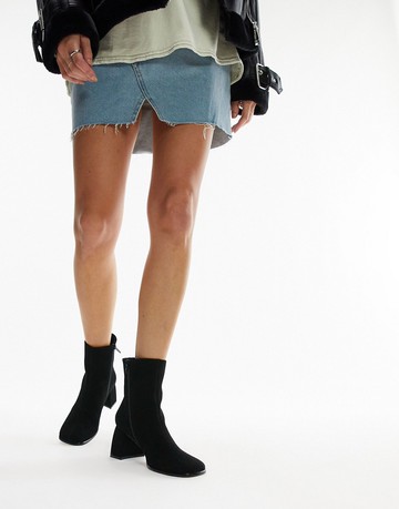 Topshop Nina flared heel sock boot in black suede