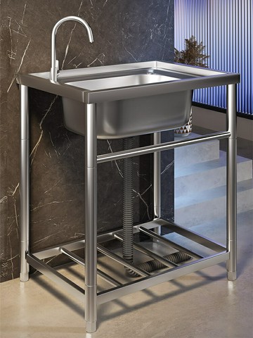 用廚房洗菜盆304不銹鋼洗手盆帶支架一體洗碗池家用水槽大單槽