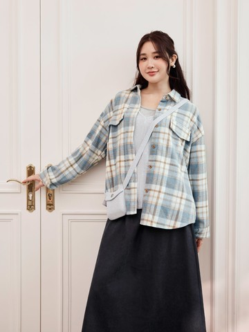 磨毛配色格紋排釦襯衫上衣