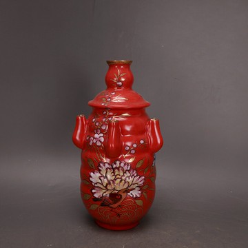 宋汝窯紅釉描金彩繪花鳥五孔瓶瓷器古玩老貨物收藏品復古擺件