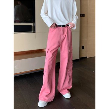 【明星同款】cuibuju 美式多口袋工裝牛仔褲設計闊腿粉色長褲