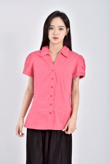 (M) net質感短袖桃紅粉色襯衫上衣