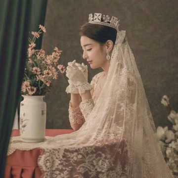 拖尾法式復古蕾絲花邊婚紗頭飾