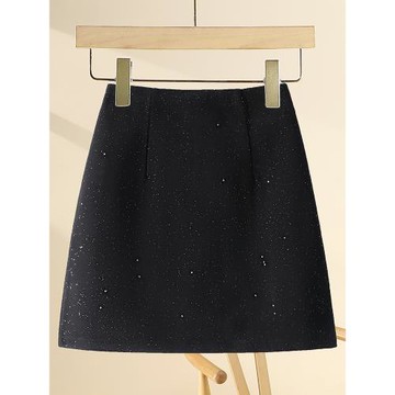 黑色毛呢短裙女半身裙秋冬2025新款高腰亮片a字裙百搭顯瘦包臀裙