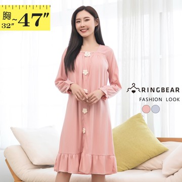 睡裙--胸前抓褶小方領小花小兔裝飾長袖連身睡衣(粉.藍M-3L)-L39眼圈熊中大尺碼