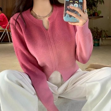 秋季漸變色v領開叉短版針織毛衣