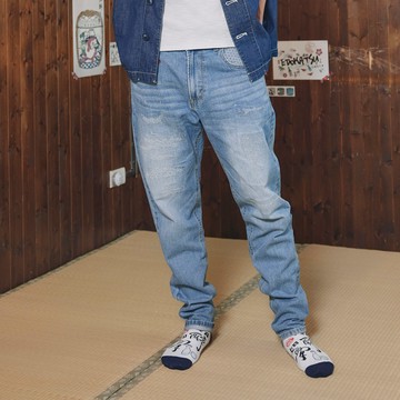 江戶勝｜男裝｜富士山腳村莊刺繡窄直筒丹寧長褲