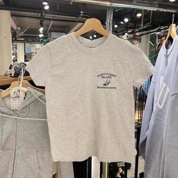 新款美式純棉圓領淺灰色帆船印花短袖T恤女bm多巴胺穿搭正肩上衣